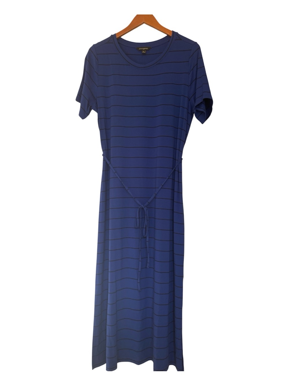 Banana Republic Navy Striped Short-Sleeve Maxi Dress with Waist Tie